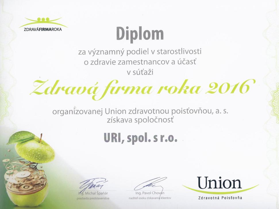 Diplom za významný prínos o zdravie zamestanncov
